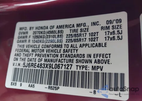 2009 Honda Cr-V Lx z USA, uszkodzony, nr VIN 5J6RE483X9L067127